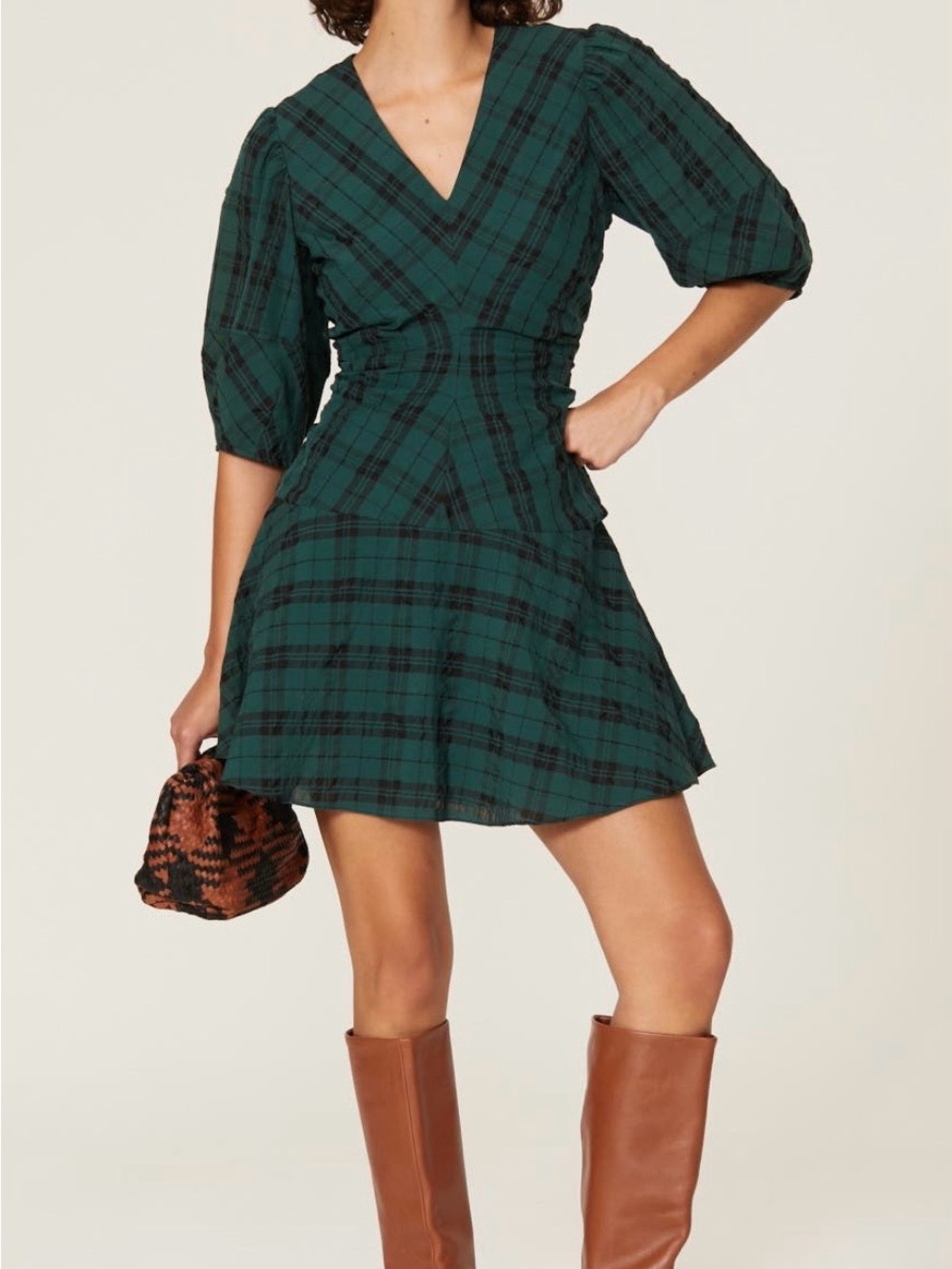 Tanya Taylor Dark Green Plaid V‑Neck Fit & Flare Mini Dress